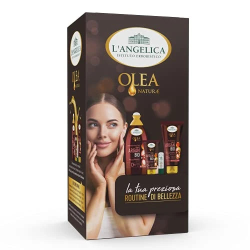 L'Angelica, Olea Kit, Cofanetto Regalo con Bagnoschiuma, Crema Corpo, Crema Mani e Balsamo Labbra, Idea Regalo con Prodotti a Base di Olio di Argan Bio ad Azione Idratante, Vellutante e Protettiva