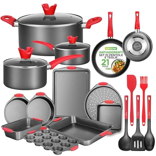 Offerta a tempo: NutriChef Set 21 Pezzi di Pentole e Padelle Antiaderenti, Include Casseruole, Padelle, Teglie Forno Rotonde e Quadrate, Stampo per Muffin e Pane, Teglia per Pizza e Utensili in Silicone - 35% da 119.42 € a 77.17 €