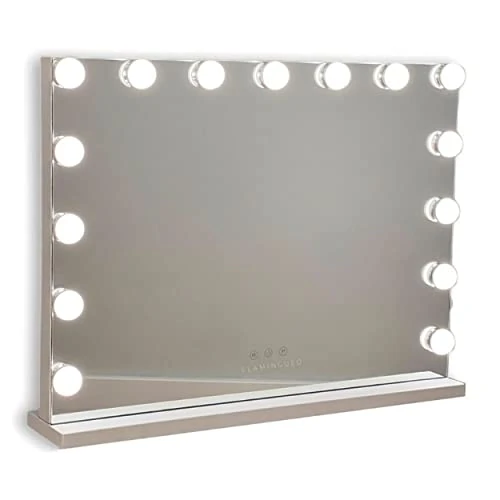 Flamingueo Specchio Trucco con Luci - 15 LED - 3 Modi di Luce - Intensità Regolabile - Controllo Tattile - Presa USB - Specchio Ingranditore Incluso - Vanity Mirror - Bianco - 58x12x48cm