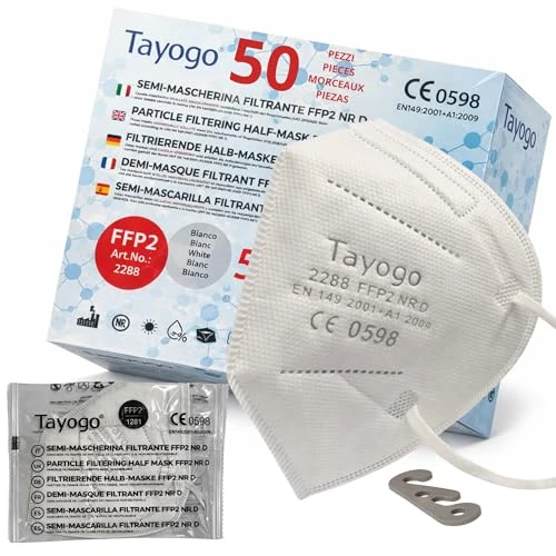 Offerta a tempo: Tayogo 50 Mascherine FFP2 Bianche Certificate CE 0598 – 5 Strati, Filtrazione ≥ 99,5% – Anallergiche, Comode, Prive di Odore Mascherina Bianca Ultra Confortevole Confezionate Singolarmente + Gancetto - 0.00% da 9.99 € a 9.99 €