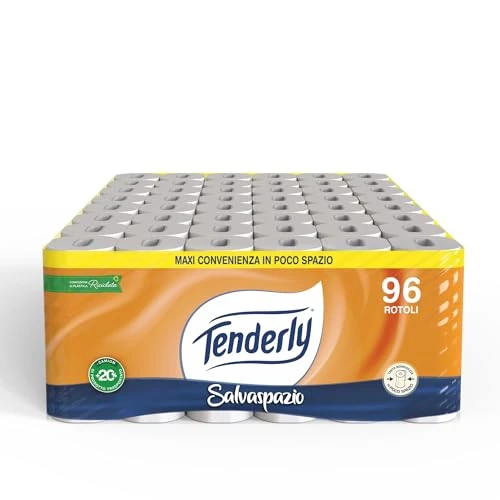 Beperkte aanbieding: Tenderly Ruimtebesparend, 96 rollen toiletpapier, 2-laags, 220 afscheuren per rol, met natuurlijke kaasjes- en goudsbloemenextracten, gemaakt in Italië, dermatologisch getest van 37.00 EUR naar 37.00 EUR (besparing 0%)
