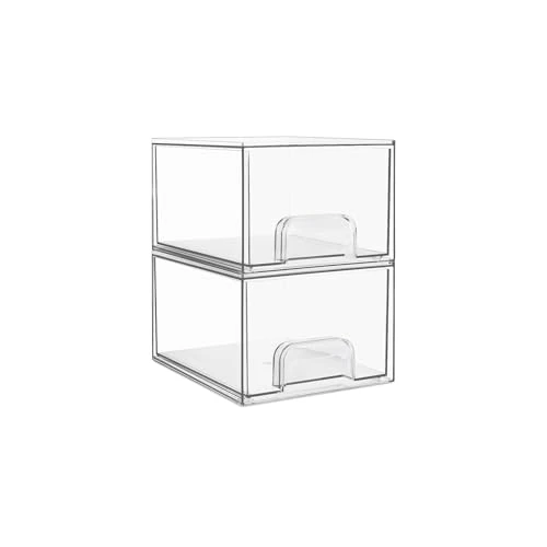 Vtopmart 2 Pack Clear Small Stackable Storage Drawers, Acrylic Bathroom Makeup Organiser, Plastic Storage Box For Vanity, Under Sink, Kitchen Cupboard, Pantry, Home Organization