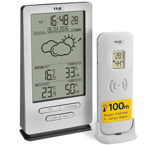 Offerta a tempo: TFA Dostmann stazione meteo con sensore esterno Xena, 35.1162.54, wireless, comfort del clima interna, previsioni del tempo, orologio con data completa, argento - 18% da 43.99 € a 36.03 €