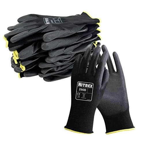 Oferta limitada: NITREX 290B - Guantes de trabajo y seguridad, 10 pares de guantes de manejo general negros con revestimiento de palma de poliuretano, talla 9, L de 17.63 € a 11.46 € (ahorro 35%)