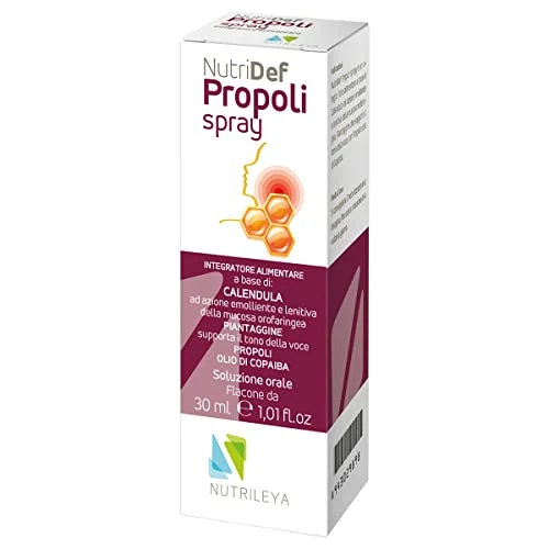 Propolis Nutrileya Natuurlijke spray concentraat, 30 ml - voor het welzijn van de keel - helpt bij het verlagen van het gezicht - met toevoeging van goudsbloem, plantaggine, copaiba-olie