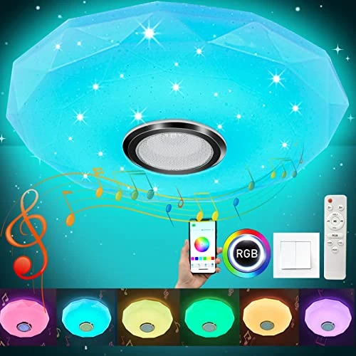 LED-Plafondlamp met Bluetooth-Luidspreker, LED Paneel, Kleurwissel, RGBCW plafondlamp Dimbaar met afstandsbediening en APP-bediening, voor Slaapkamer, Kinderkamer, Badkamer, Ø28cm, 30W