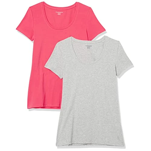 Offerta a tempo: Amazon Essentials Maglietta Classica da Donna a Maniche Corte con Scollo Rotondo (Disponibile in Taglie Forti), Confezione da 2, Grigio Chiaro/Rosa Acceso, XS - 0.00% da 7.82 € a 7.82 €