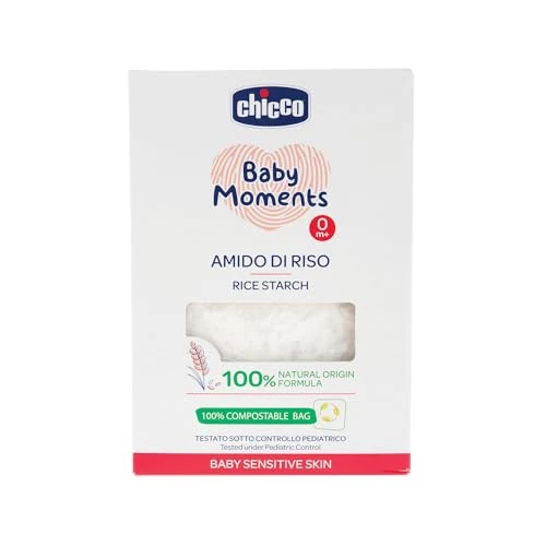 Chicco Baby Moments Amido di Riso, Apaisant et Rafraîchissant, Nettoyage Doux sans Irriter ou Assécher la Peau, Action Émolliente, Bain pour Bébé, Poudre de Talc, 250 g, 0 Mois+