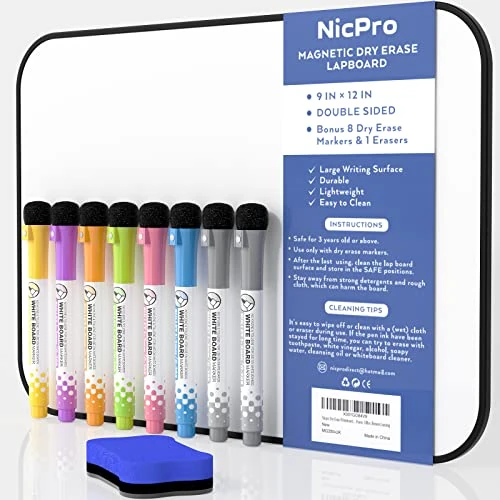 Offerta a tempo: Nicpro A4 Lavagna Cancellabile 22x30 cm, Piccola Spesso Lavagna Bianche Cornice Nero Con 8 Colorata Pennarello, 1 Gomma a Secco Per Bambini Disegno, Scuola, Casa, Ufficio - Doppia Faccia - 0.00% da 17.99 € a 17.99 €