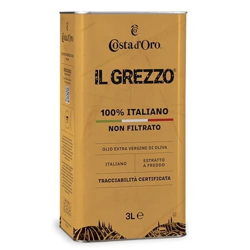 Costa d'Oro – El crudo, aceite de oliva virgen extra sin filtrar 100% italiano. Extracto en frío inmediatamente después de la cosecha, rico en vitaminas y antioxidantes naturales. Lata de 3 litros.