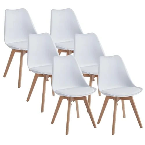Offerta a tempo: DEWINNER Set di 6 Sedie da Sala da Pranzo, Sedie Imbottite per Sala da Pranzo Con Gambe in Legno, Sedie da Pranzo Moderne, Sedia Ergonomica con Cuscino Integrato, Sedie da Cucina Scandinave, Bianco - 14% da 130.99 € a 113.04 €