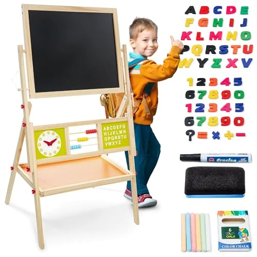 Offerta a tempo: Mamabrum Lavagna Bambini con Cavalletto Bifacciale, Lavagna per Bambini, Magnetica e Gesso, Lavagnetta Cancellabile 98 x 45 x 42 cm, Gessetti, Pennarello, Spugna, Letterine e Numeri Magnetici - 0.00% da 38.23 € a 38.23 €