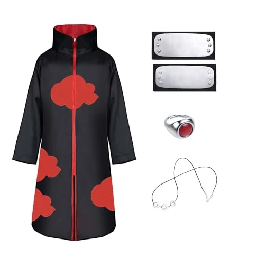 ACWOO Akatsuki Costume, Akatsuki Cape Unisex Hokage Ninja Set met 2 * Hoofdband, 1 * Ketting en 1 * Ring, Naruto Mantel Ninja Robe Cloak Halloween Cosplay Kostuum voor Kinderen Volwassen(L)