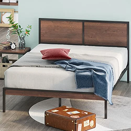 Zinus Mory 30 cm Cadre de lit à Plateforme en métal et Bois avec tête de lit séparation, Support pour Lattes en Bois, Facile à Assembler, Marron, 140 x 190 cm