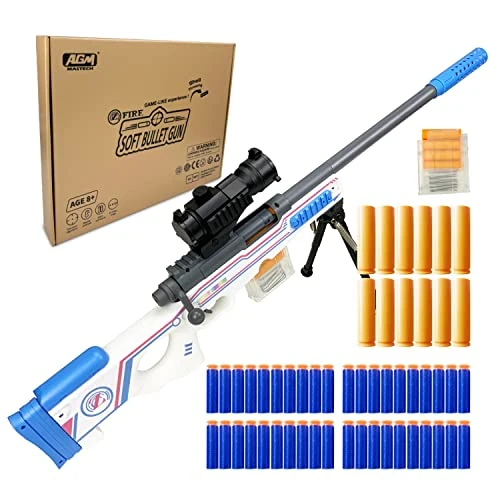 Offre limitee: AGM MASTECH Pistolet Blaster Lanceur de Coques, 40 fléchettes Officielles, Clip 4 fléchettes, 2 Magazines, Jeu de Jouets Blaster pour garçons, Enfants et Adultes （Blanc） de 59.99 EUR a 59.99 EUR (economie 0%)