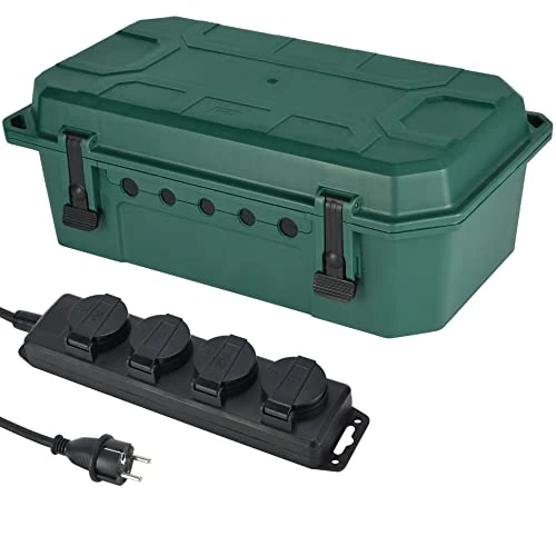 Electraline 300181 Waterproof Protective Box for Outdoor Use, Weatherproof IP54 with Included 4-Way Power Strip, IP44 Sockets with Caps, 5 m Cable H05RR-F 3G1.5, Green, X-Large