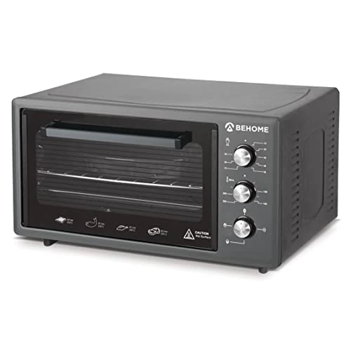 BEHOME 48 Litre Vented Electric Oven with Rotisserie, Self-Cleaning and Enameling, Temperature up to 320°, Double Glass with Interior Light and Timer, 2 Trays and 1 Grate (Grey)