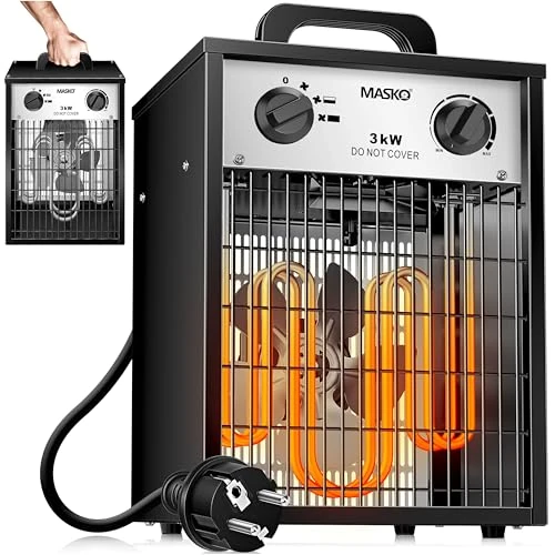 MASKO® Grzejnik elektryczny, termowentylator budowlany, 3 kW, z wbudowanym termostatem, 3000 W, 3 stopnie ogrzewania, dmuchawa grzewcza do użytku wewnątrz i na zewnątrz, ochrona przed przeciążeniem,