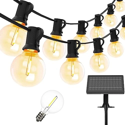 Yuucio Guirlande lumineuse solaire d'extérieur 15 m - 25 + 1 ampoules en plastique - Étanche IP45 - Pour extérieur, jardin, terrasse, arbres, décoration de fête - 2700 K - Blanc chaud