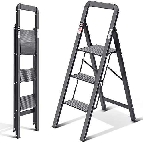 Offerta a tempo: KINGRACK Scaletta 3 Gradini di Pieghevole, Scala in Alluminio con Corrimano, con Dispositivo di Protezione di Sicurezza. Gradini Antiscivolo, Massima 150kg, Nero - 30% da 78.99 € a 55.15 €