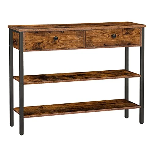 HOOBRO Console Table, Hallway Table with 2 Drawers and 2 Shelves, Sofa Table with Sturdy Metal Frame, for Entrance, Hallway, Living Room, Vintage Brown/Black EBF32XG01