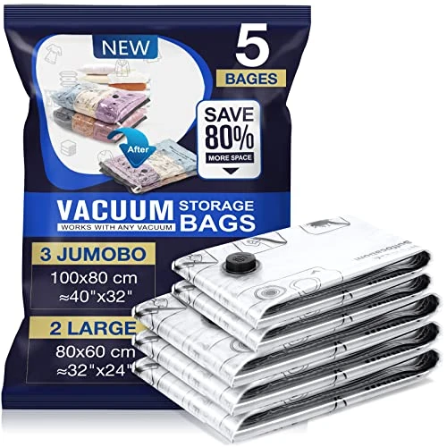 Vacuum Bag for Clothes Vacuum Cleaner 5 Pieces 3XL 100 x 80 cm 2L 80 x 60 cm Reusable Storage Cover Quilt Storage Clothes Bedding and Luggage