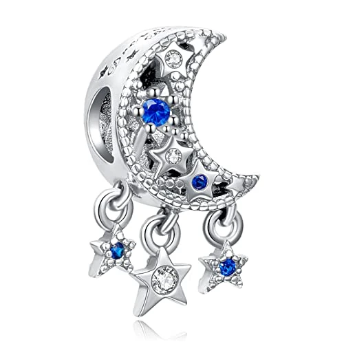 LaMenars Moon and Stars 926 Sterling Silver Charms with Cubic Zirconia Pendant for Europe Charm Bracelets, Christmas Gifts for Women Girls Bracelet and Necklace, Cubic Zirconia,