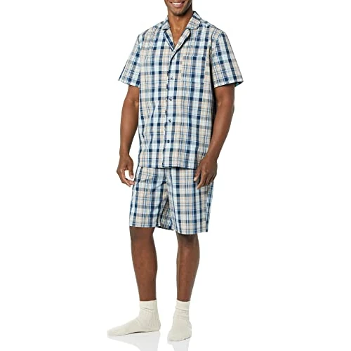Offre limitée : Amazon Essentials Pyjama Court à Col Cranté en Popeline de Coton Extensible Homme, Bleu Marine Taupe Madras Plaid, S de 17.78 € à 17.78 € (0.00% de remise)