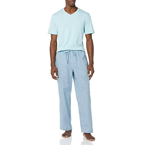 Amazon Essentials Pigiama con Maglietta in Jersey di Cotone e Pantaloni in Popeline di Cotone Uomo, Blu Chiaro Stampa Disegni Geometrici, XS