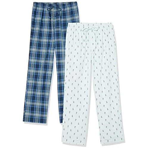 Amazon Essentials Pantaloni di Pigiama Lunghi in Popeline di Cotone Uomo, Pacco da 2, Blu Marino Motivo Scozzese, XS