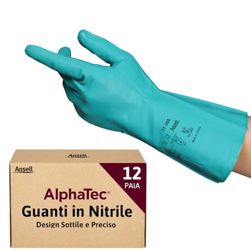 Offerta a tempo: Ansell AlphaTec 37-300 Guanti da Lavoro in Nitrile, Protezione Multiuso per Usi Alimentari, Domestici e Professionali, Guanti Riutilizzabili Senza Lattice, Verde, Taglia M (12 Paia) - 13% da 12.95 € a 11.29 €