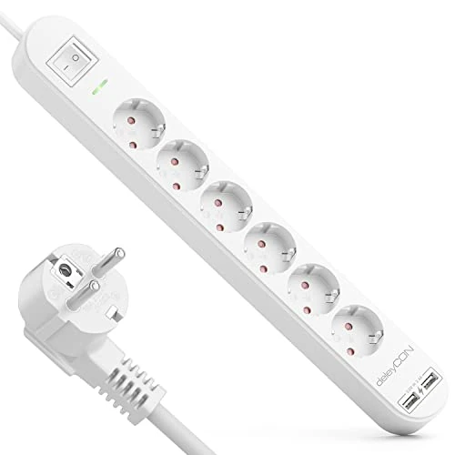 deleyCON 3,0m 6-Voudige Stekkerdoos met USB 6x Randaarde 2x USB-A Laadpoort voor O.a. Smartphone & Tablet Overspanningsbeveiliging Aan/Uit Schakelaar Wit
