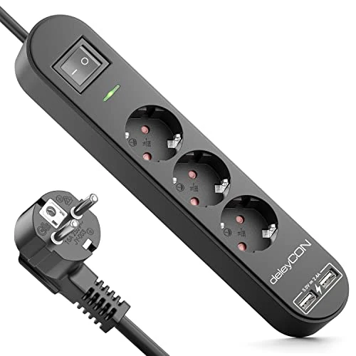 deleyCON 5m Ciabatta Elettrica a 3 Scomparti con Ciabatta USB - 3x Prese di Contatto di Protezione 2x Presa di Ricarica USB-A - Protezione da Sovratensione Interruttore ON/OFF Nero
