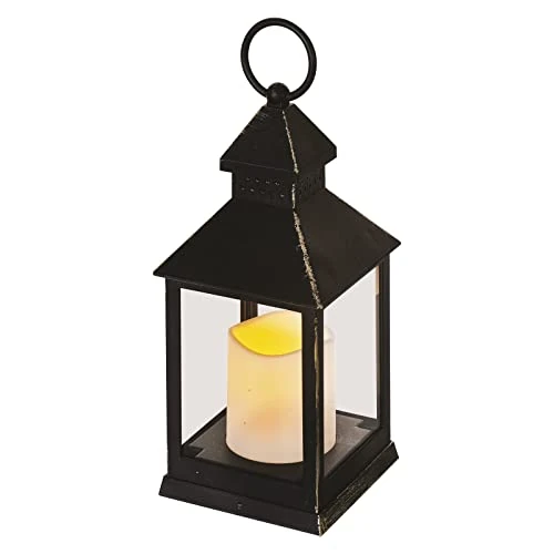 EMOS Lanterne antique avec bougie LED, design vintage et effet flamme, IP20 pour l'intérieur, fonctionne avec 3 piles AAA, 10 000 heures, couleur blanc chaud, fonction minuterie 6 heures, 10,5 x 24 cm, noir