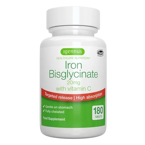 Hoge Absorptie Chelaatvormig IJzerbisglycinaat 20 mg met Vitamine C, Zachte Formule, Schone Lijn en Gerichte Afgifte, Één per dag, Veganistisch, 180 tabletten, door Igennus