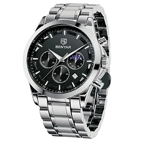 Limited offer: BENYAR Mens Watch Analog Quartz Movement Chronograph Stylish Casual Business Wrist Watches Waterproof Luminous Date Watches Elegant Gift for Men Leather/Stainless Steel Bracelets from 29.99 EUR to 29.99 EUR (save 0%)