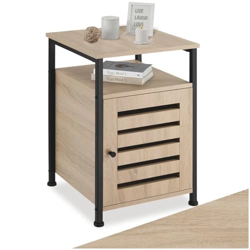 tectake 800925 Table de chevet avec espace de rangement et placard - Table d'appoint pour chambre à coucher et salon (marron clair)