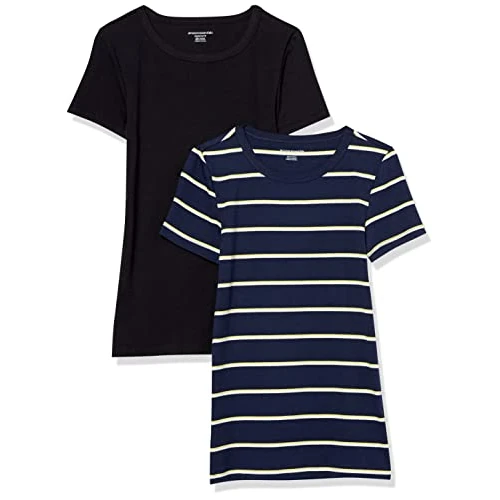Amazon Essentials T-Shirt Girocollo a Maniche Corte Slim Donna, Pacco da 2, Blu Marino Righe Orizzontali/Nero, L