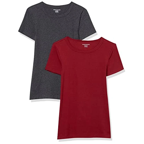 Amazon Essentials Women's T-shirt met korte mouwen en ronde hals in slanke pasvorm, Pack of 2, Bordeauxrood/Houtskoolzwart, S