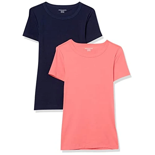 Amazon Essentials T-Shirt Girocollo a Maniche Corte Slim Donna, Pacco da 2, Blu Marino/Rosa Shocking, XXL