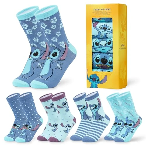 Disney Calcetines Altos talla 35-41, Conjunto Calcetines Divertidos para Mujer Adolescente, Pack de 5 Pares (35/41 EU, Azul Stitch)