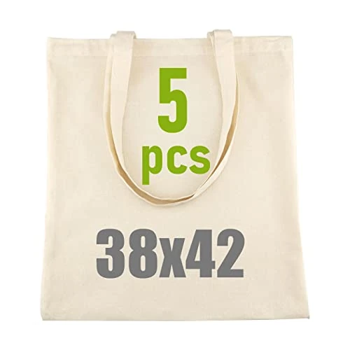 IDEA HOME 5 Stück Baumwolltasche 38x42cm - Jutebeutel Groß - Stoffbeutel Unbedruckt, Personalisierung Möglich – Bestickung oder Bemalung - Stofftasche mit zwei langen Henkeln - Ökotex 100 Zertifiziert