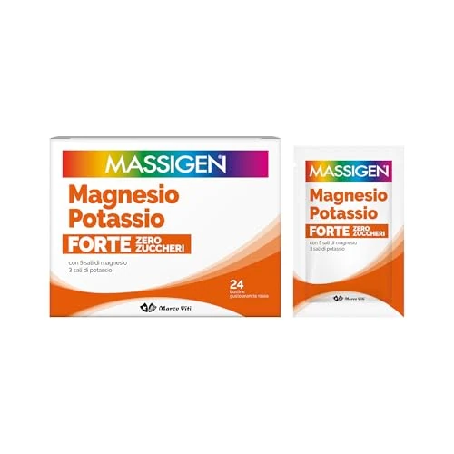 Massigen - Magnesio e Potassio Forte Zero Zuccheri, Gusto Arancia Rossa, Integratore con 5 Sali di Magnesio e 3 Sali di Potassio, 24 Bustine da 8 g