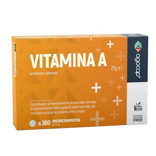 Vitamina A pura, 360 microcompresse ad alto dosaggio | 1200mcg per compressa di Vitamina A, 4000ui ad alta biodisponibilità | Agocap, Integratore Vitamin A, fatto in Italia