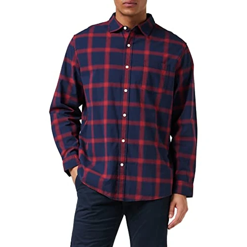 Tijdelijke aanbieding: Amazon Essentials Regular-Fit Stretch Poplin overhemd met lange mouwen voor heren, marineblauw rood Buffalo Plaid, M van 28.49 € naar 28.49 € (0.00% korting)