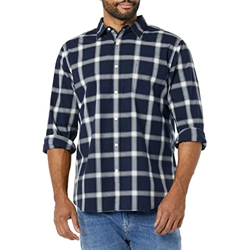 Limited-time offer: Amazon Essentials Men's Long-Sleeved Slim-Fit Stretch Poplin Shirt, Navy White Buffalo Plaid, M from 16.40 £ to 16.40 £ (save 0.00%)