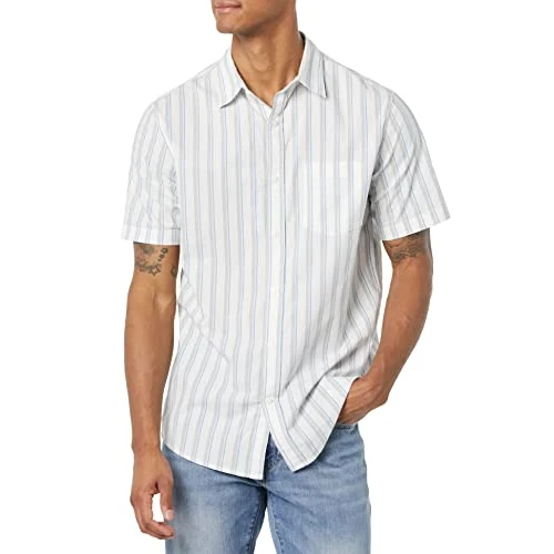 Amazon Essentials Camisa de popelina elástica, manga corta (Disponible en Tallas Grandes) Hombre, Azul Gris Blanco Rayas, 3XL Grande Alto