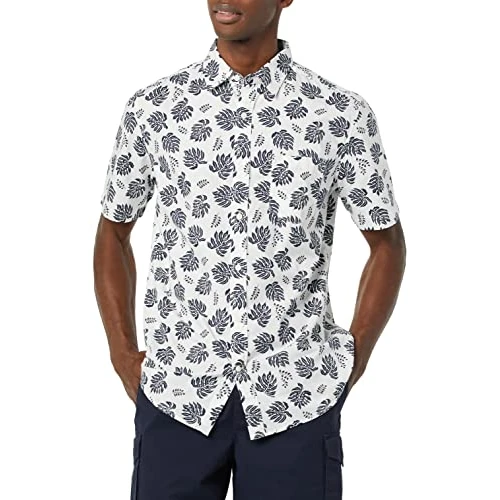 Offre limitée : Amazon Essentials Chemise en Popeline Extensible à Manches Courtes (Grandes Tailles Disponibles) Homme, Bleu Marine Blanc Palmes, M de 22.80 € à 22.80 € (0.00% de remise)