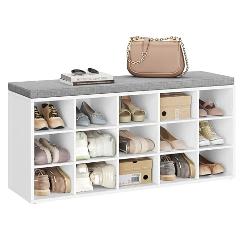 Offerta a tempo: VASAGLE CUSTOS Collezione - Panca Scarpiera con Seduta Imbottita e 15 Scomparti, Scaffale Porta Scarpe da Ingresso, Regge Fino a 200 kg, Bianco e Grigio LHS015WB02 - 15% da 69.99 € a 59.49 €