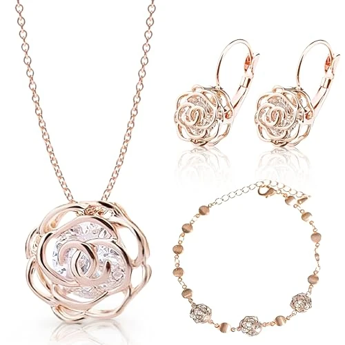 Offerta a tempo: Crystalline Azuria Donna 18ct Placcato Oro Rosa Fiori Rose Cristalli Parure Collana Orecchini Monachella Bracciale - 0.00% da 49.31 € a 49.31 €